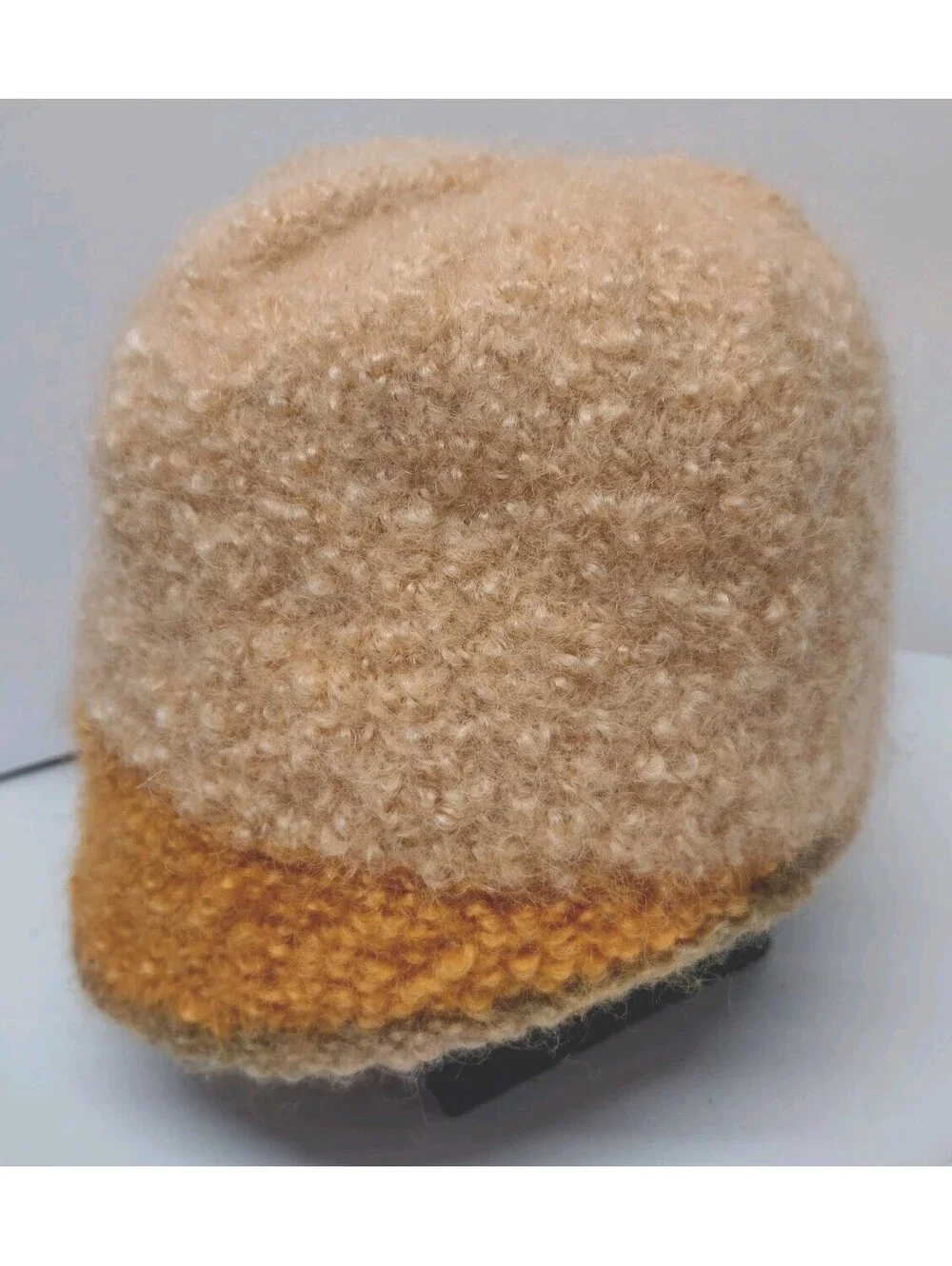 Vintage 70s Hand Knit Fuzzy Wool Blend Cloche Hat Peach Orange Brown Boho
